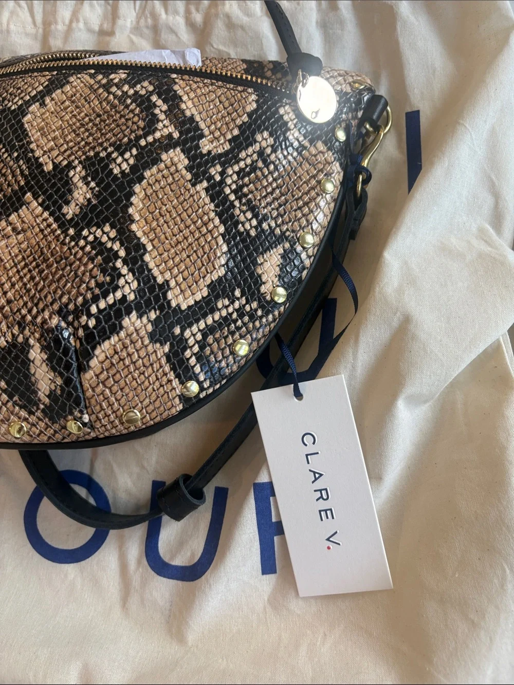Clare V Grande Snake Print Half-Moon Crossbody Bag in Tan & Black